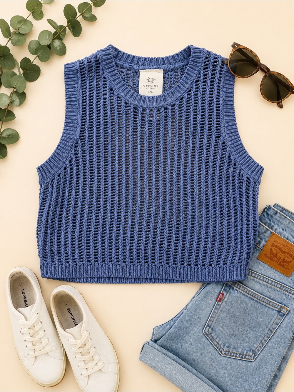 OFFLINE by Aerie Blue Open Knit Sweater Tank Vest L/XL